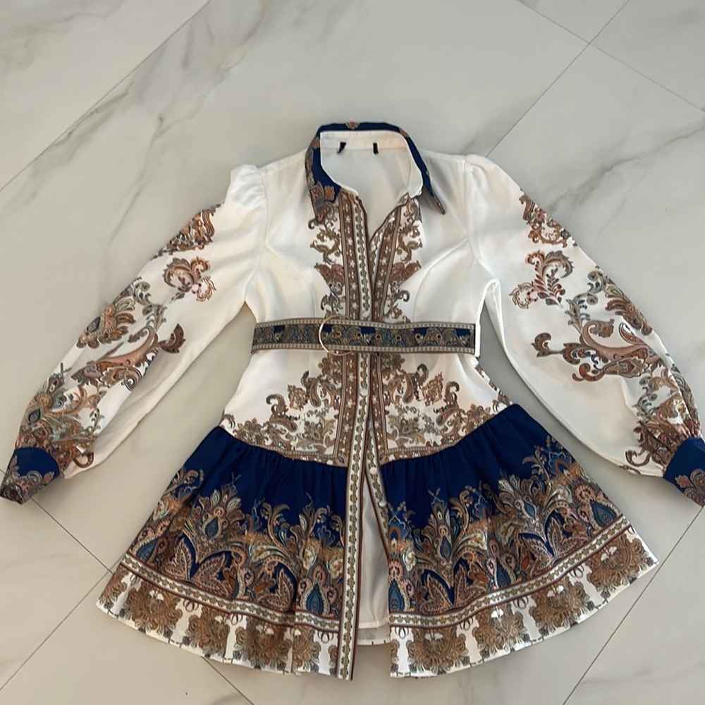 Elegant White and Blue Paisley Dress